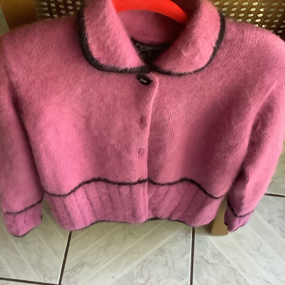 Cozy Pink Fuzzy Button Cardigan with Contrast Trim